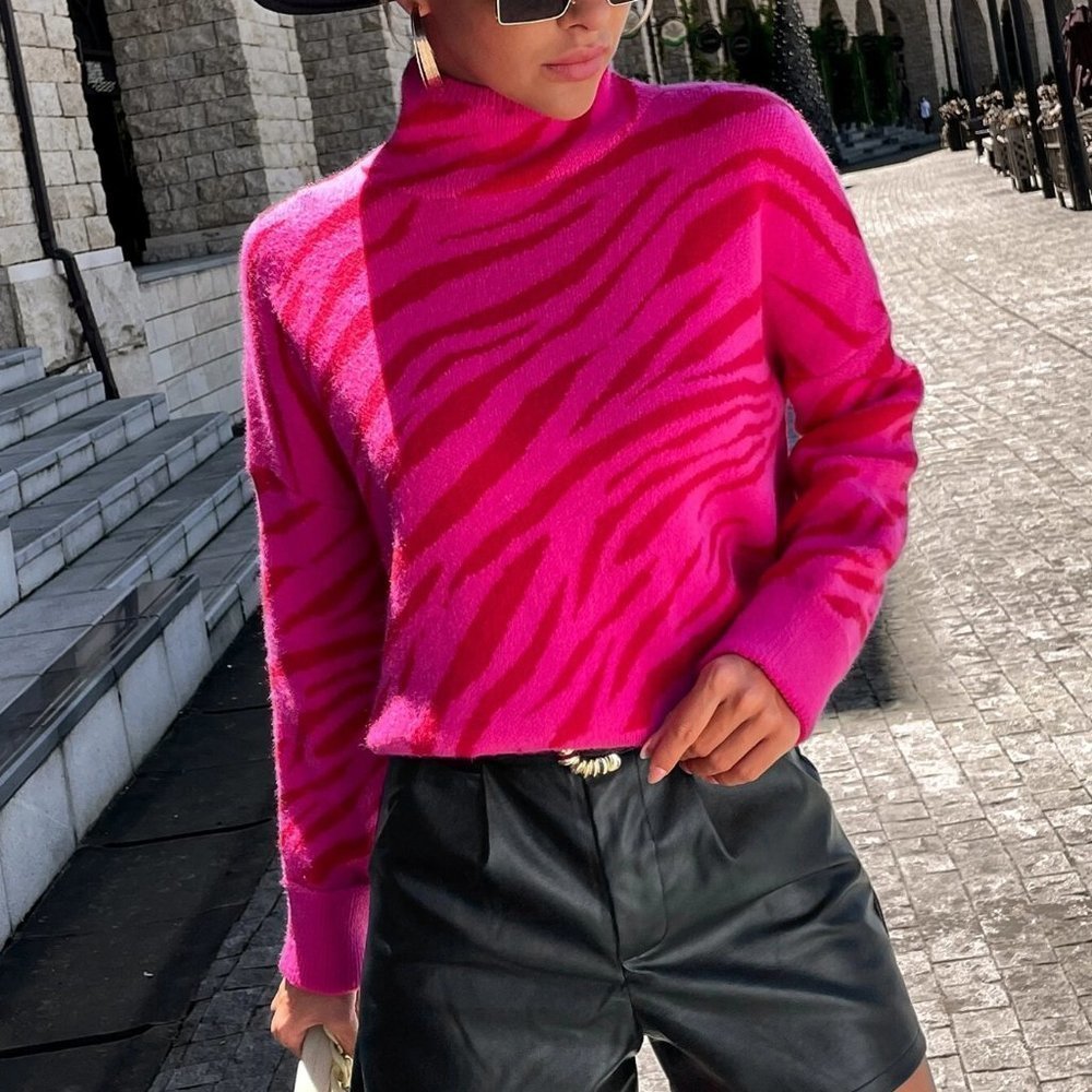 Hot pink Casual Womens Zebra Striped Pattern High Neck Drop Shoulder Sweater - Picture 2 of 5
